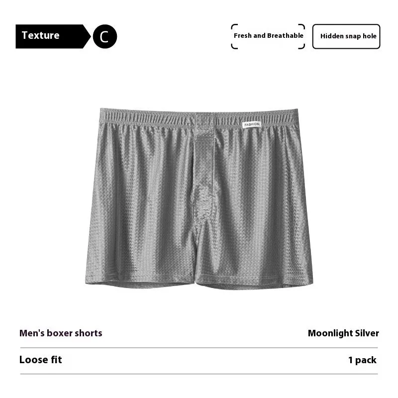 Men's nylon ice silk boxers in carbon crystal black, solid colour, knitted fabric, mid waist