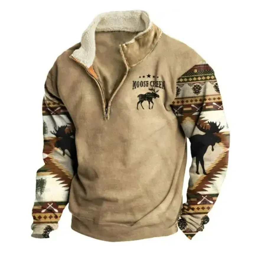 Men's half-zip printed casual jacket in loose fit, long sleeves, straight hem
