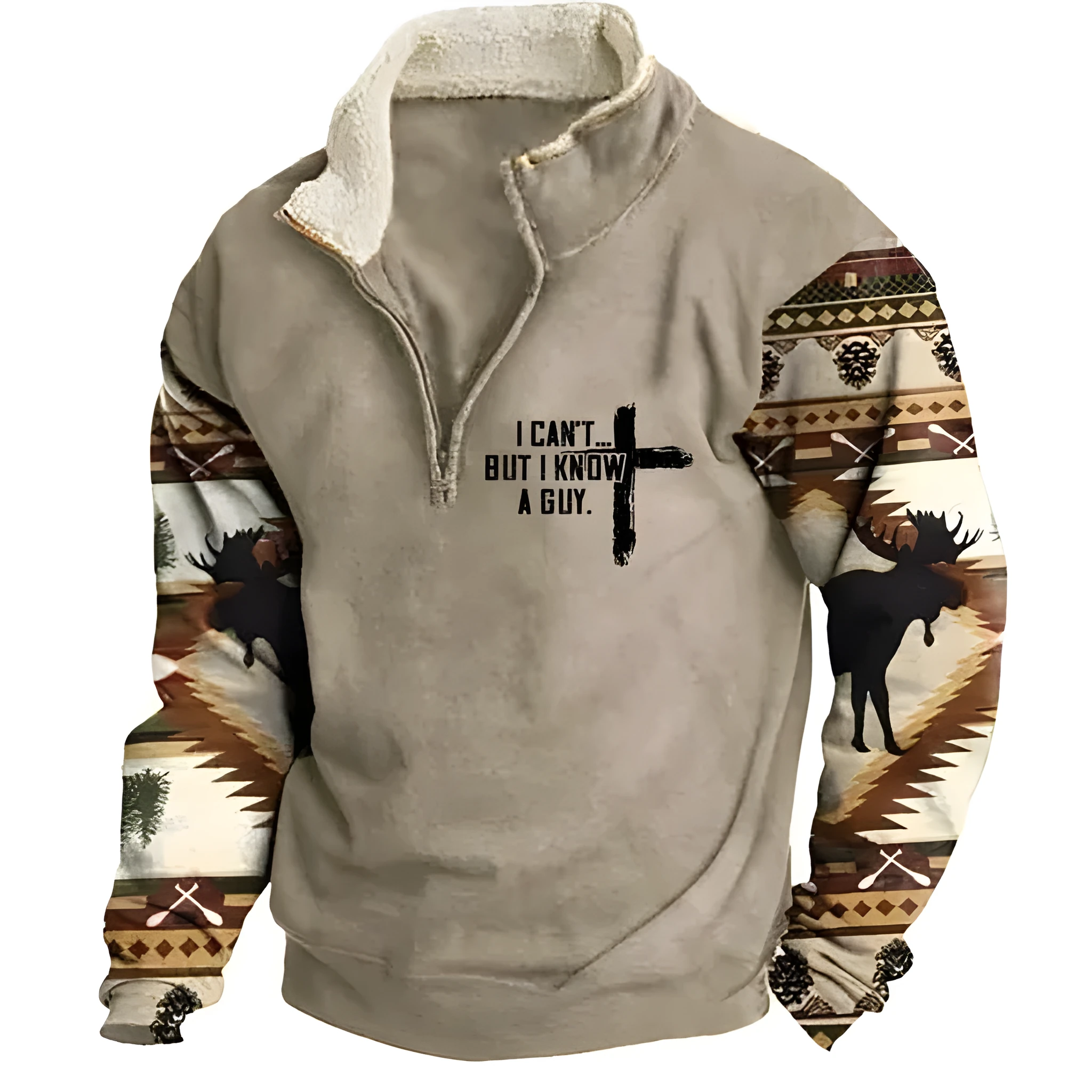 Men's half-zip printed casual jacket in loose fit, long sleeves, straight hem