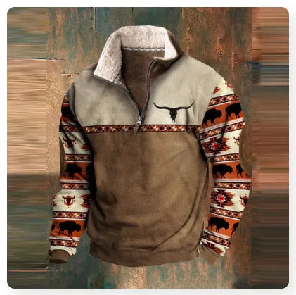 Men's half-zip printed casual jacket in loose fit, long sleeves, straight hem