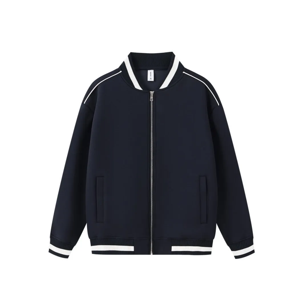 Unisex loose college style casual polyester coat in navy blue, front view, sizes S to 3XL