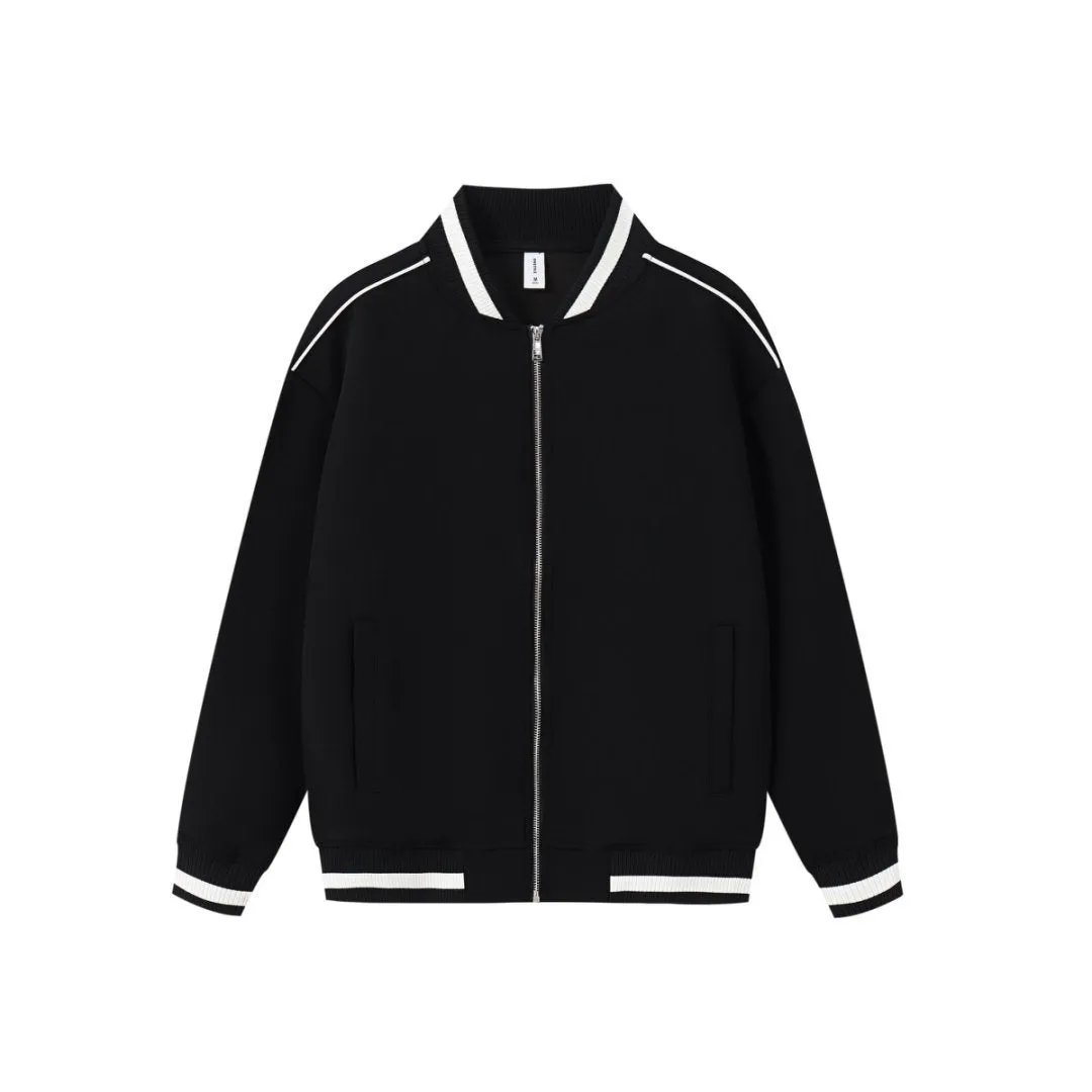 Unisex loose college style casual polyester coat in navy blue, front view, sizes S to 3XL