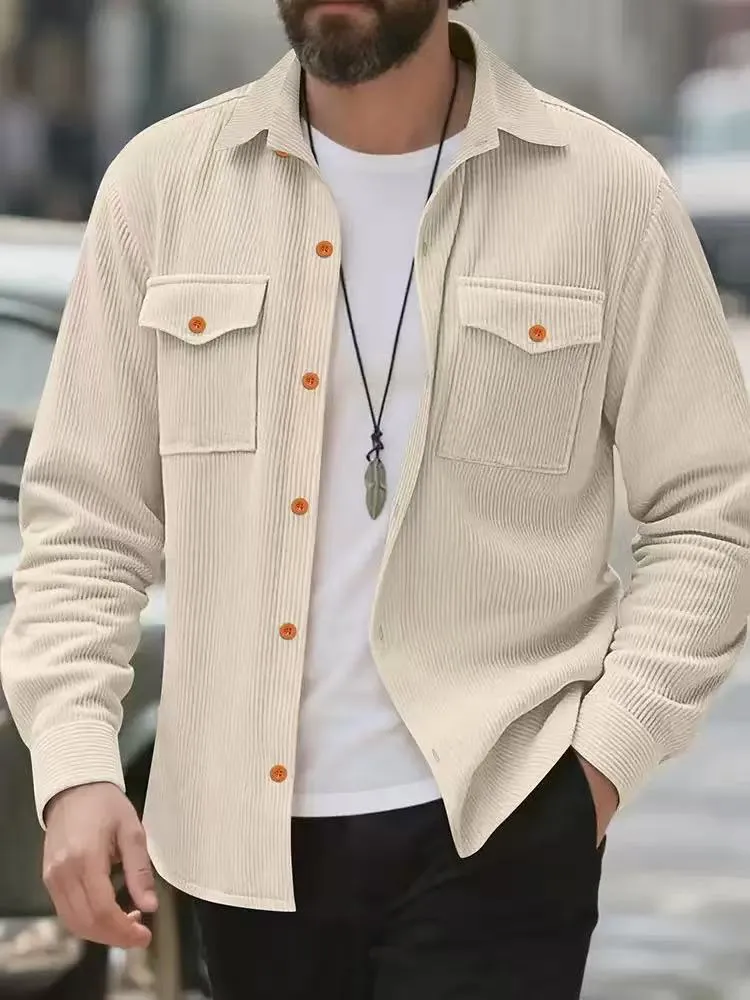 Men's corduroy solid colour jacket in army green, simple style, Asian sizing