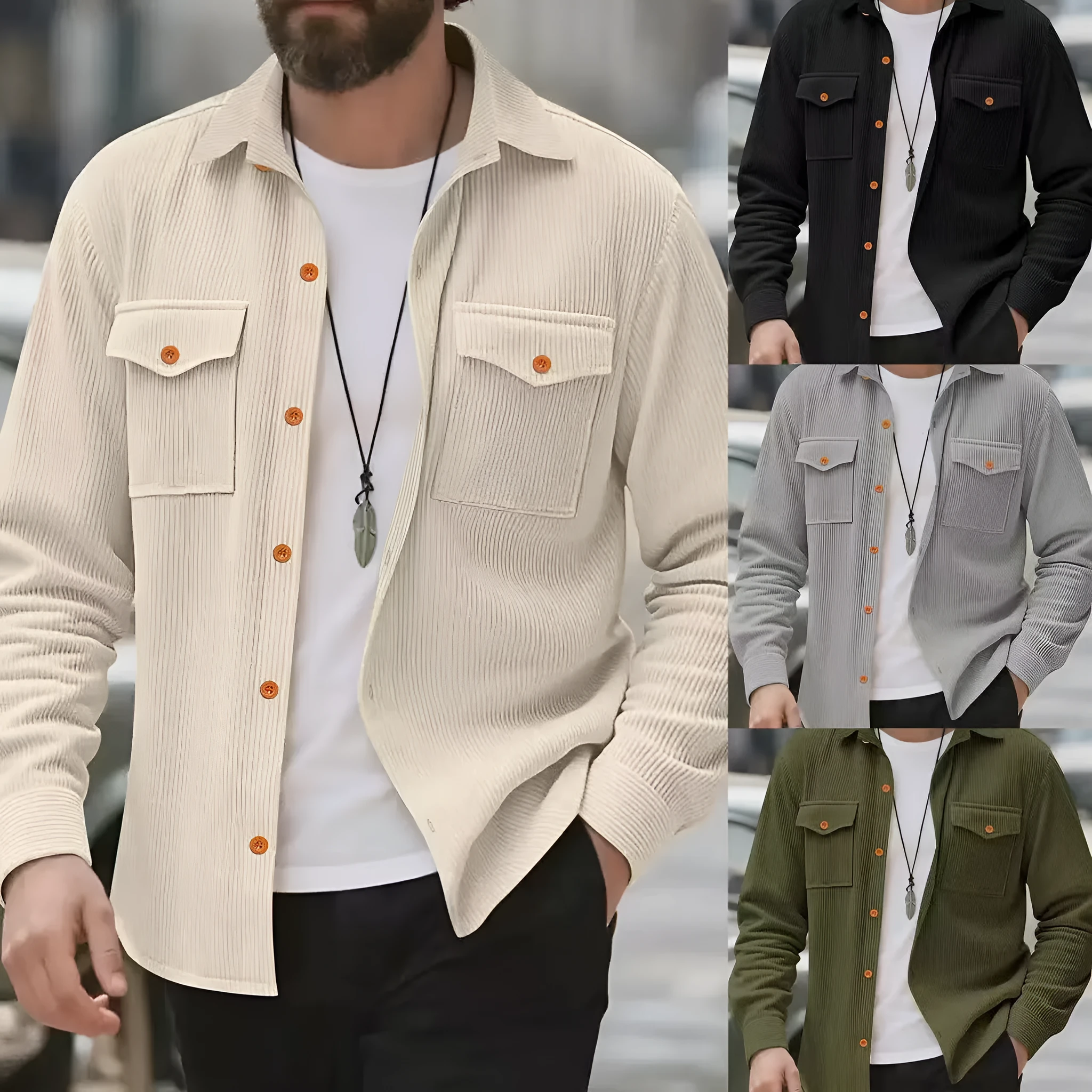 Men's corduroy solid colour jacket in army green, simple style, Asian sizing