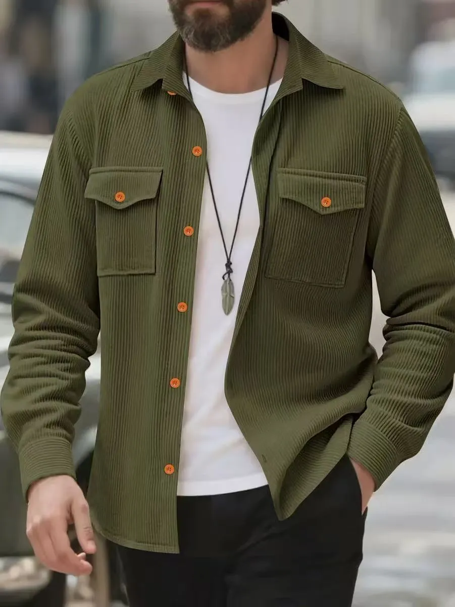 Men's corduroy solid colour jacket in army green, simple style, Asian sizing