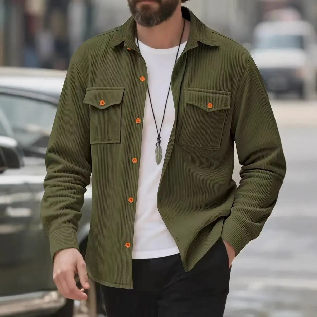 Men's corduroy solid colour jacket in army green, simple style, Asian sizing