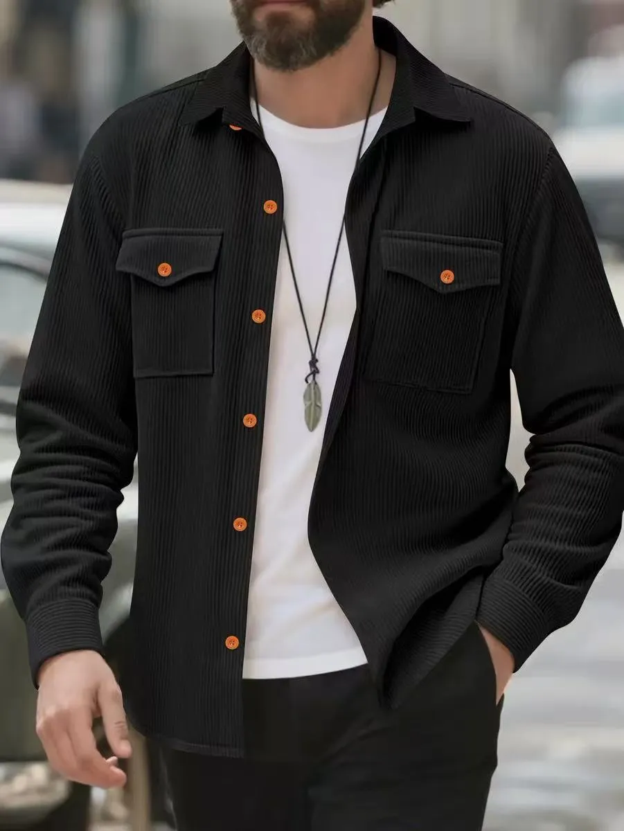 Men's corduroy solid colour jacket in army green, simple style, Asian sizing