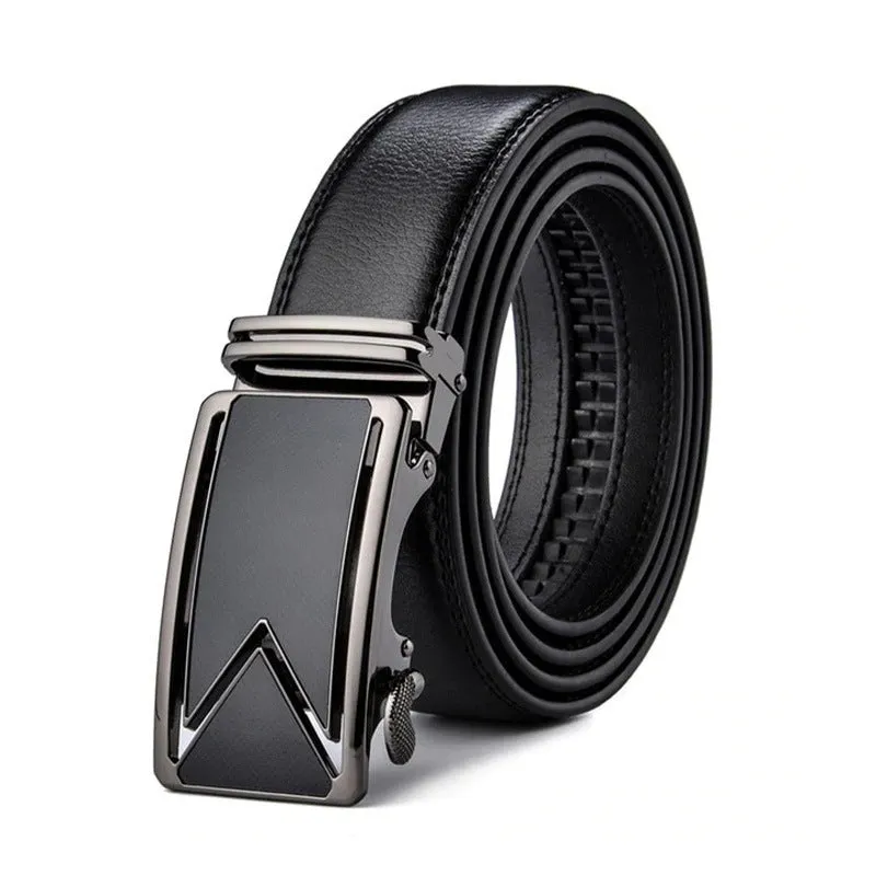 Genuine leather men's belt with automatic buckle and M letter design in brown colour