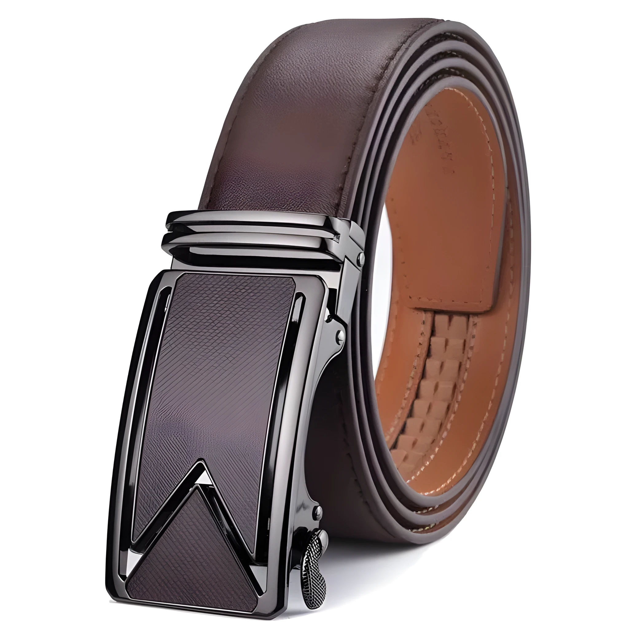 Genuine leather men's belt with automatic buckle and M letter design in brown colour