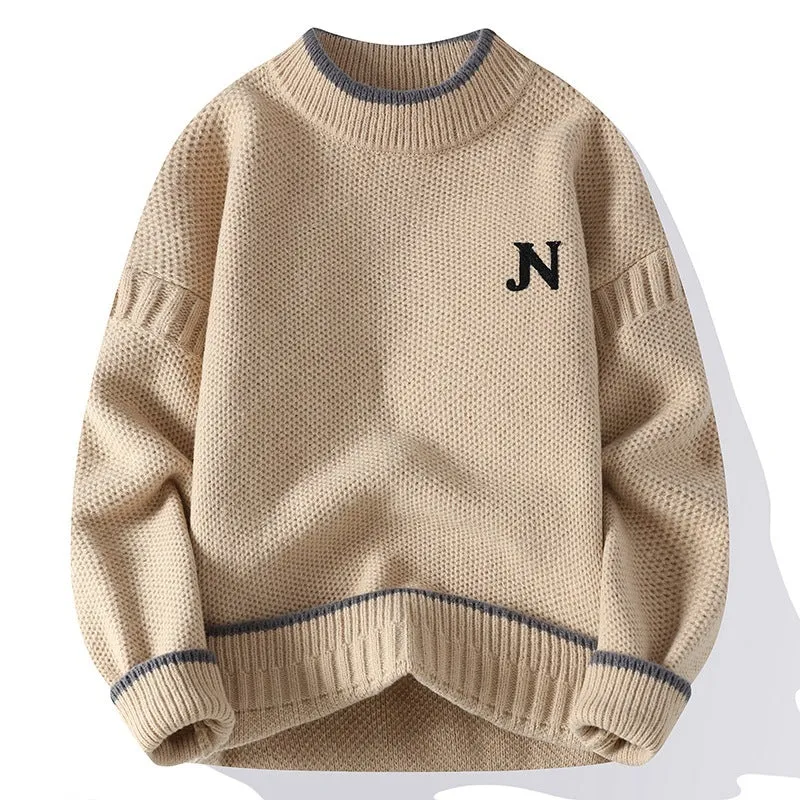 Men's thickened round neck cotton blend knit sweater in grey, loose fit pullover winter style