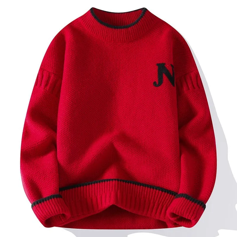 Men's thickened round neck cotton blend knit sweater in grey, loose fit pullover winter style
