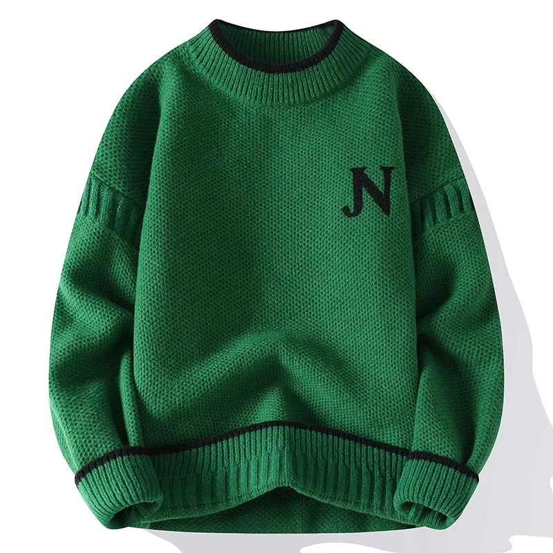 Men's thickened round neck cotton blend knit sweater in grey, loose fit pullover winter style