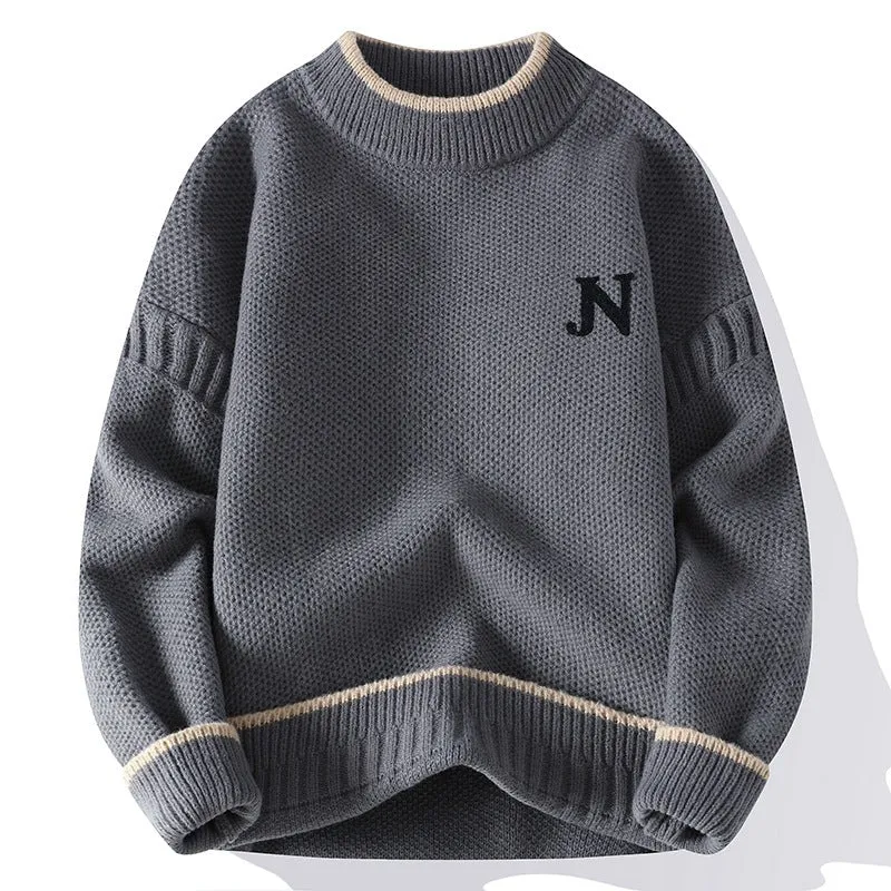 Men's thickened round neck cotton blend knit sweater in grey, loose fit pullover winter style