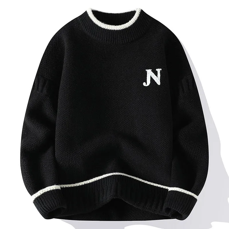 Men's thickened round neck cotton blend knit sweater in grey, loose fit pullover winter style