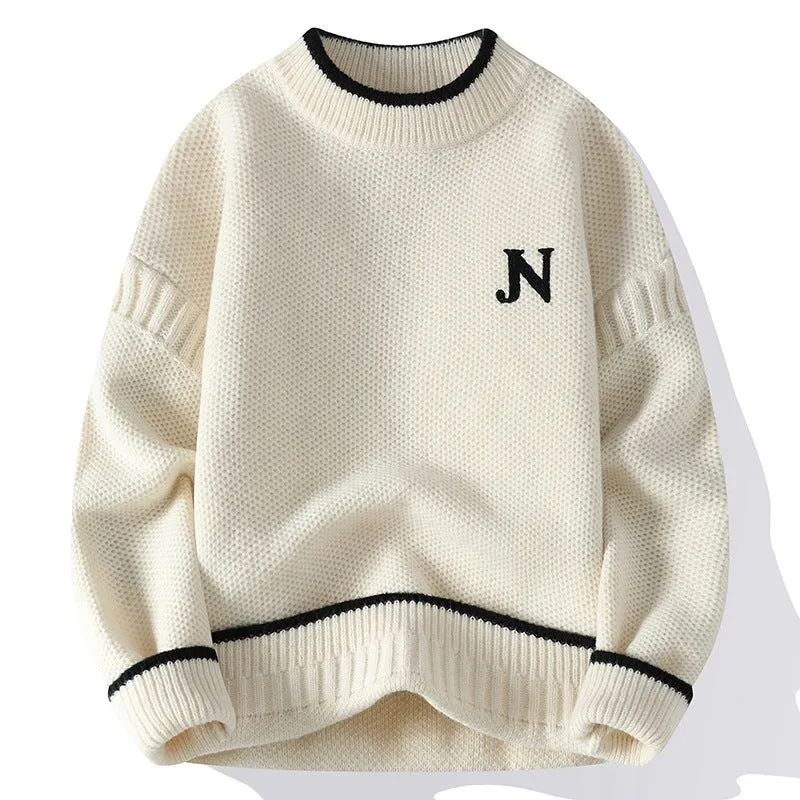 Men's thickened round neck cotton blend knit sweater in grey, loose fit pullover winter style