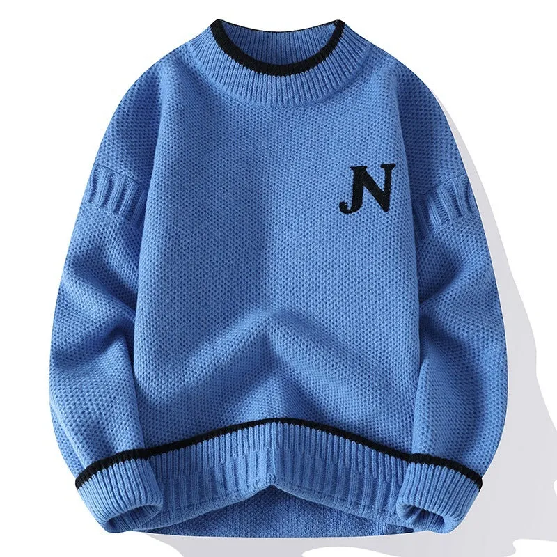 Men's thickened round neck cotton blend knit sweater in grey, loose fit pullover winter style