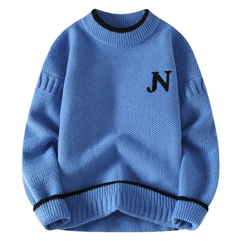 Men's thickened round neck cotton blend knit sweater in grey, loose fit pullover winter style