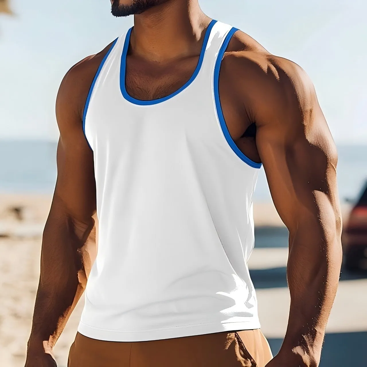 Solid colour polyester slim fit men's summer vest in a range of colours including black, white, red, green, blue, grey, and light blue