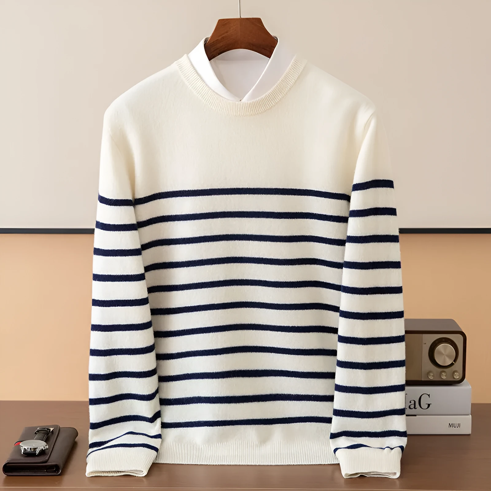 Men's wool round neck long sleeve sweater in light blue, front view, for casual leisure wear