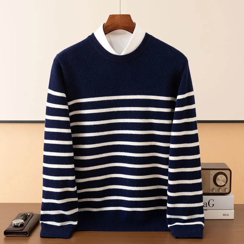 Men's wool round neck long sleeve sweater in light blue, front view, for casual leisure wear