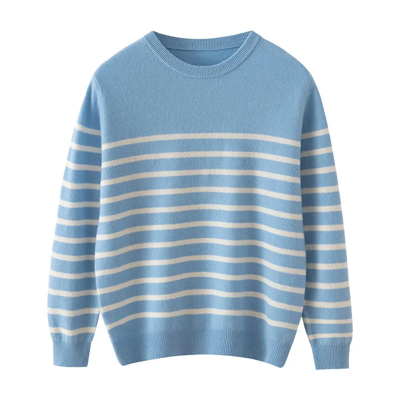 Men's wool round neck long sleeve sweater in light blue, front view, for casual leisure wear