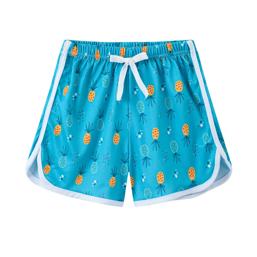 Children's polyester holiday shorts in multiple colours and patterns with height sizing from 100 to 140cm