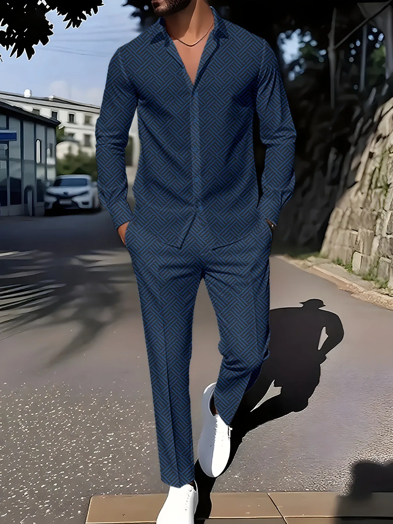 Men's plaid square grain print suit set with shirt-style jacket and trousers in navy blue