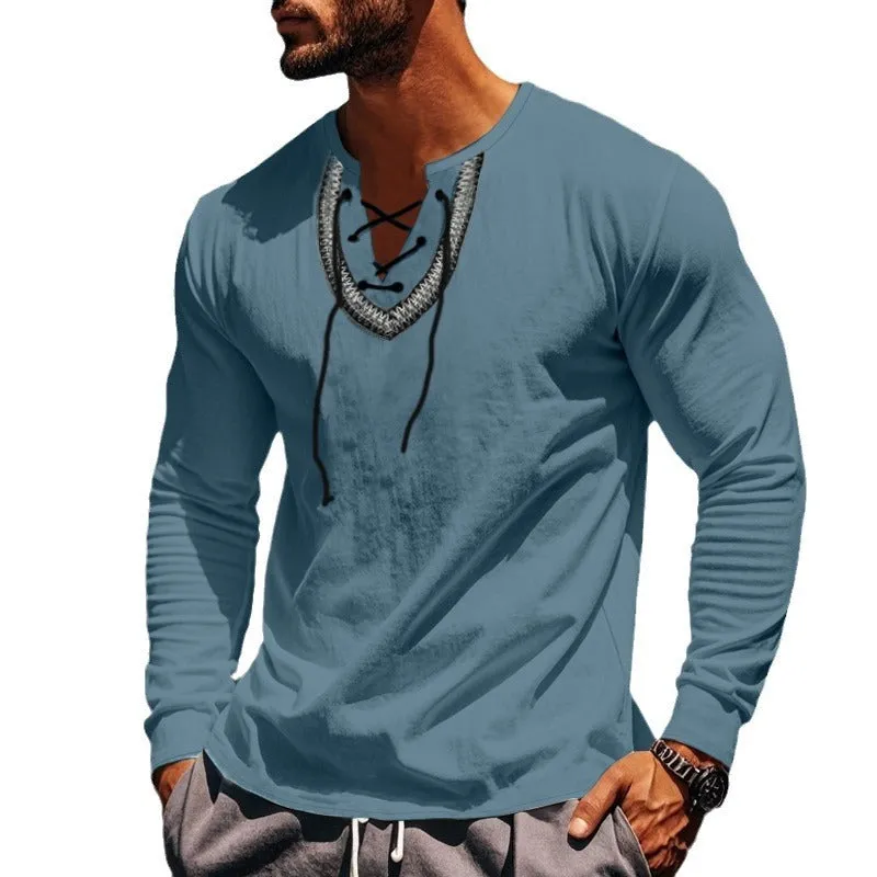Men's cotton blend pullover retro ethnic style casual long-sleeved shirt in loose fit navy blue