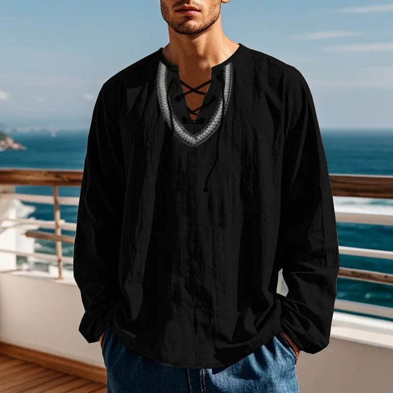 Men's cotton blend pullover retro ethnic style casual long-sleeved shirt in loose fit navy blue