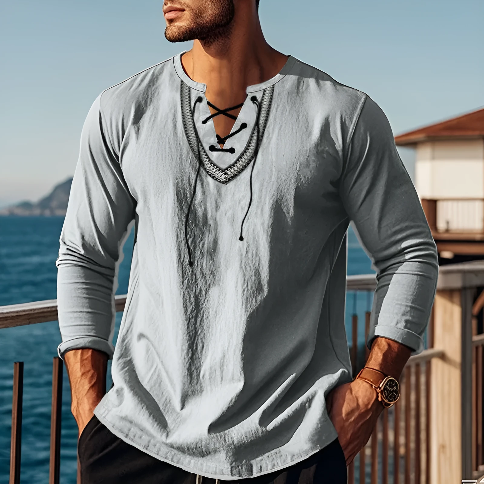 Men's cotton blend pullover retro ethnic style casual long-sleeved shirt in loose fit navy blue