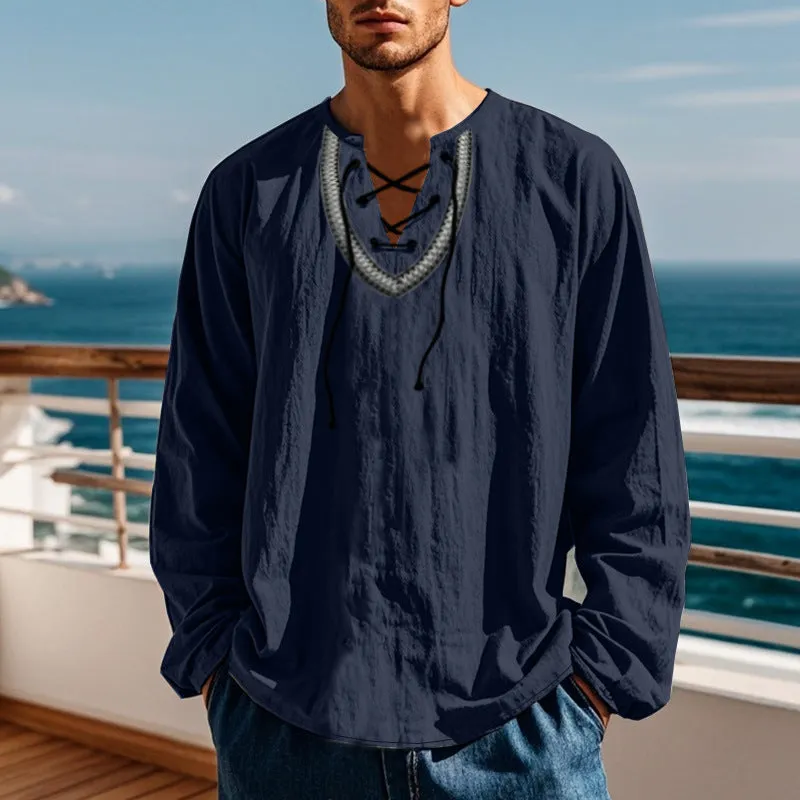 Men's cotton blend pullover retro ethnic style casual long-sleeved shirt in loose fit navy blue