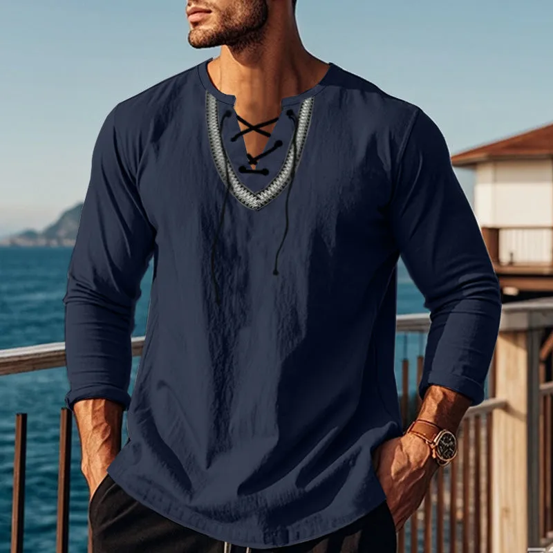 Men's cotton blend pullover retro ethnic style casual long-sleeved shirt in loose fit navy blue