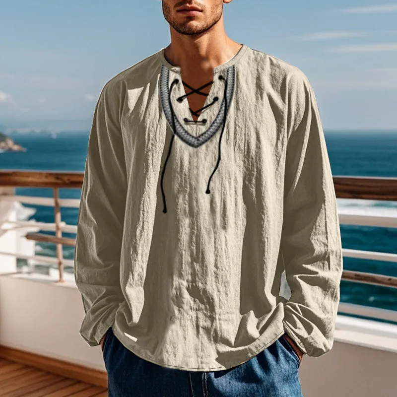 Men's cotton blend pullover retro ethnic style casual long-sleeved shirt in loose fit navy blue