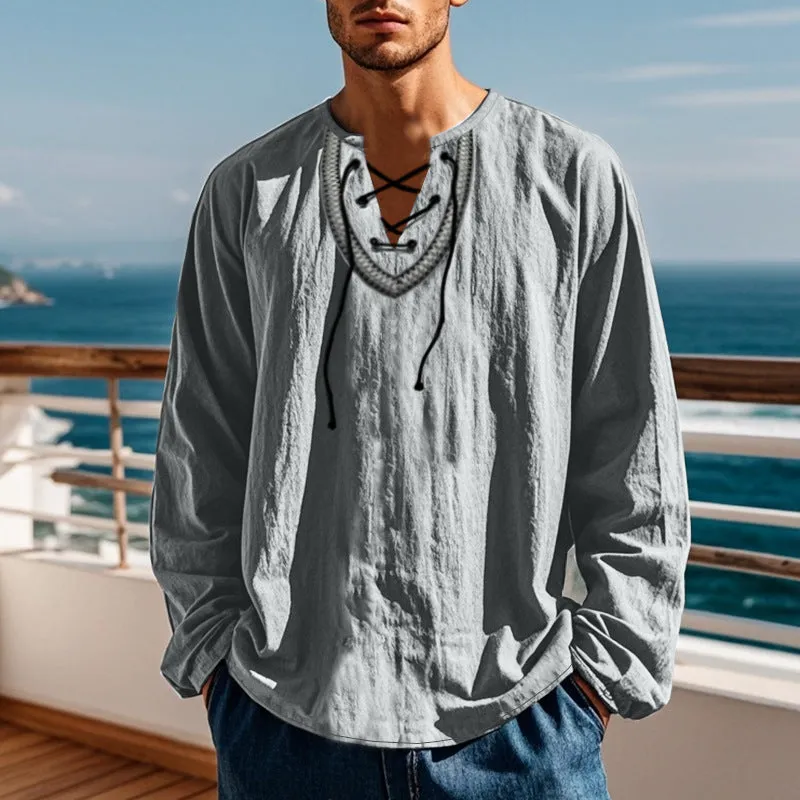 Men's cotton blend pullover retro ethnic style casual long-sleeved shirt in loose fit navy blue