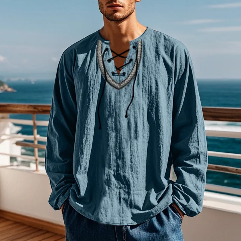 Men's cotton blend pullover retro ethnic style casual long-sleeved shirt in loose fit navy blue