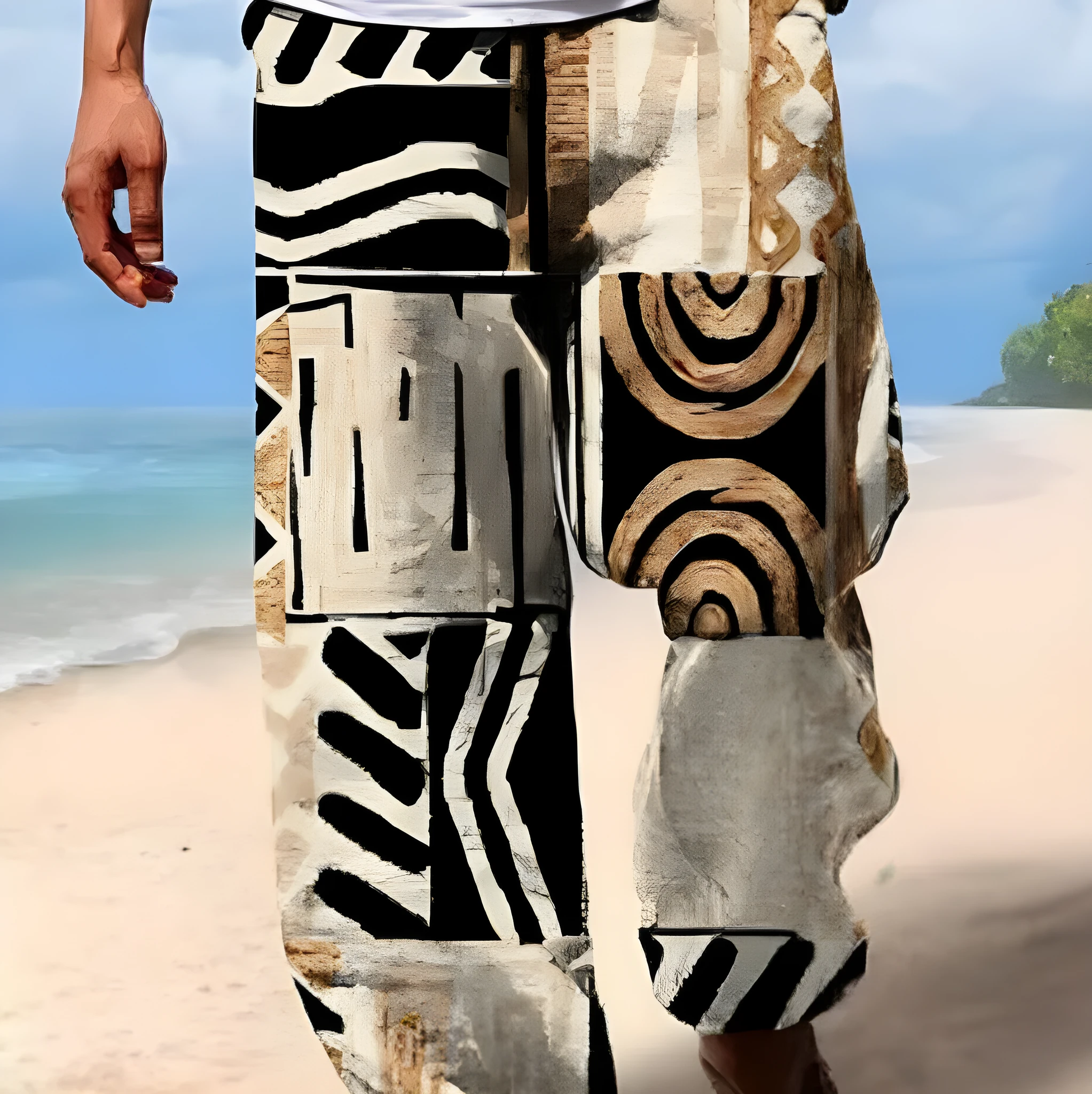 Men's solid colour digital print long straight trousers with drawstring waist and belt, chemical fibre blend fabric