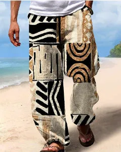 Men's solid colour digital print long straight trousers with drawstring waist and belt, chemical fibre blend fabric