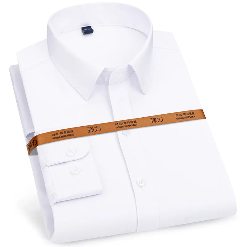 Men's long-sleeved stretch business cardigan shirt in solid colour, slim fit, polyester fabric, autumn work wear