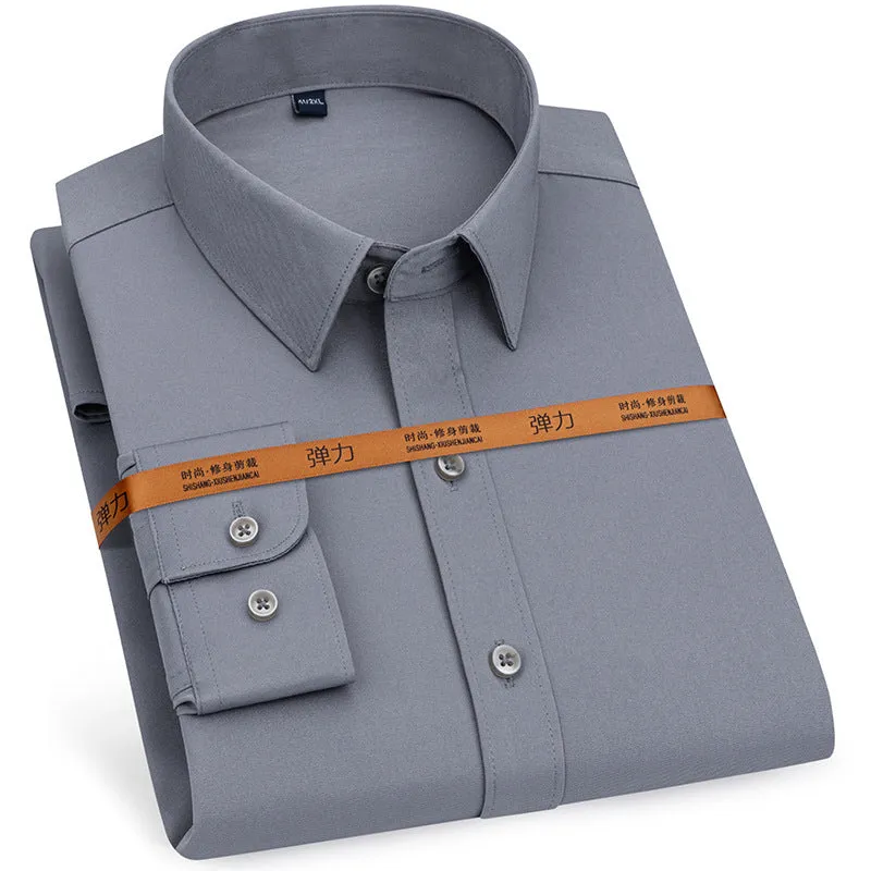 Men's long-sleeved stretch business cardigan shirt in solid colour, slim fit, polyester fabric, autumn work wear