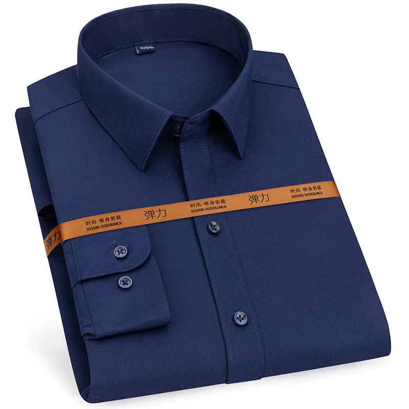 Men's long-sleeved stretch business cardigan shirt in solid colour, slim fit, polyester fabric, autumn work wear