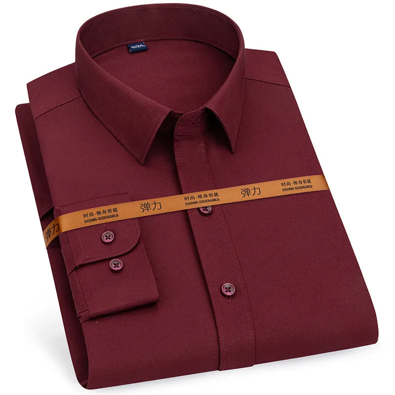 Men's long-sleeved stretch business cardigan shirt in solid colour, slim fit, polyester fabric, autumn work wear