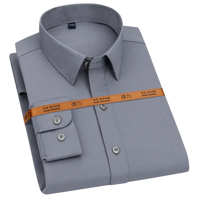 Men's long-sleeved stretch business cardigan shirt in solid colour, slim fit, polyester fabric, autumn work wear