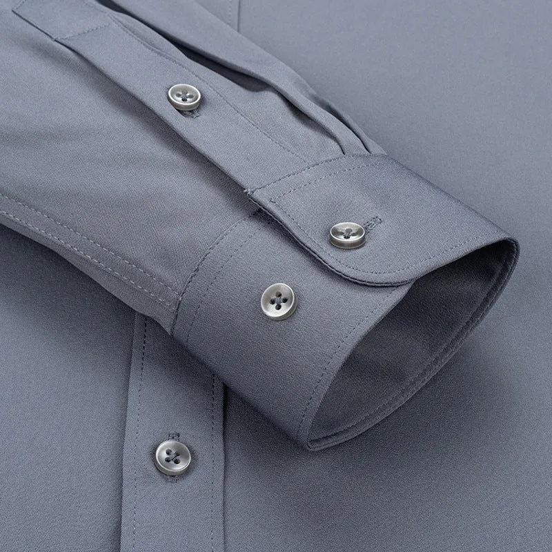 Men's long-sleeved stretch business cardigan shirt in solid colour, slim fit, polyester fabric, autumn work wear