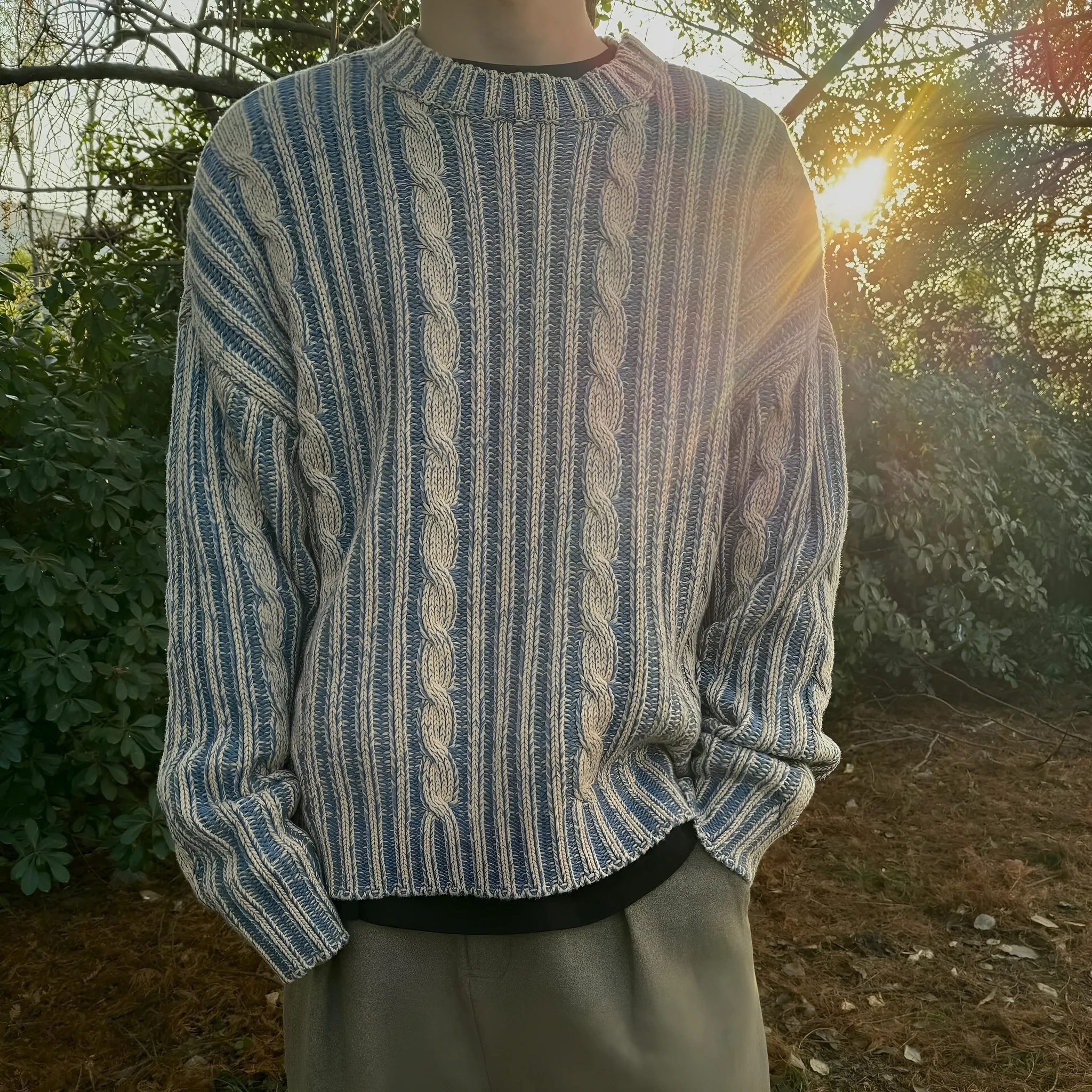 Men's blue stripes contrast colour cotton round neck loose fit casual sweater