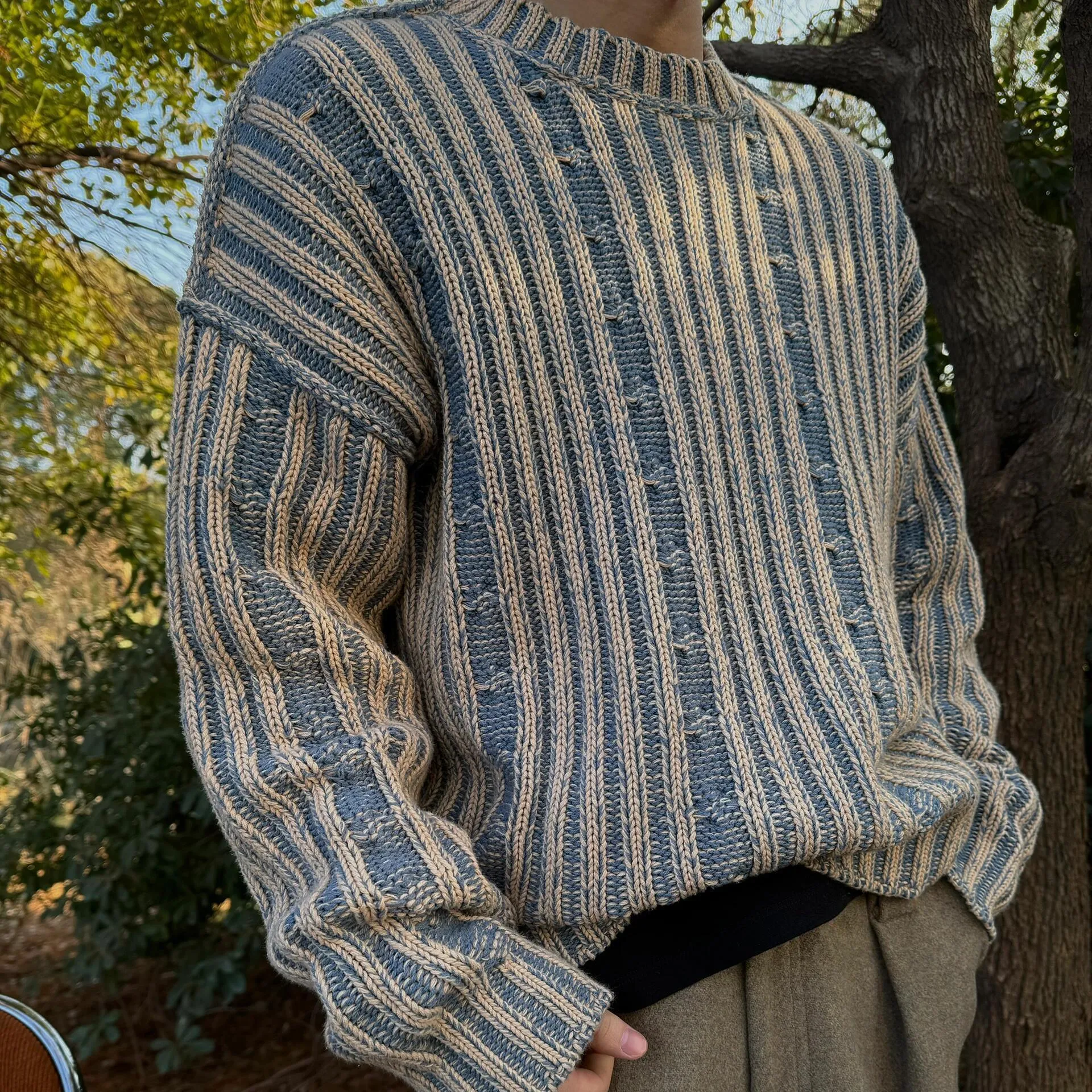 Men's blue stripes contrast colour cotton round neck loose fit casual sweater