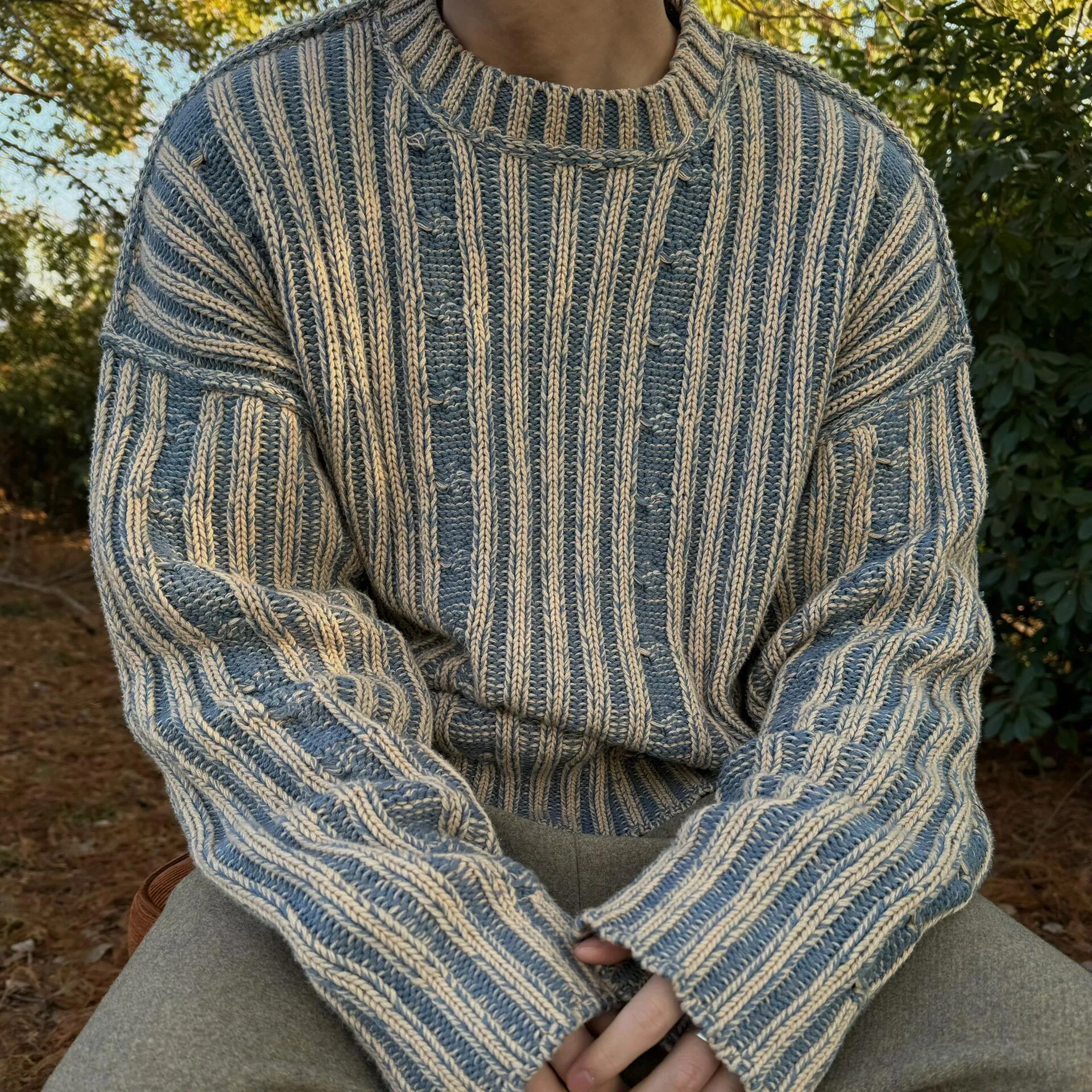 Men's blue stripes contrast colour cotton round neck loose fit casual sweater