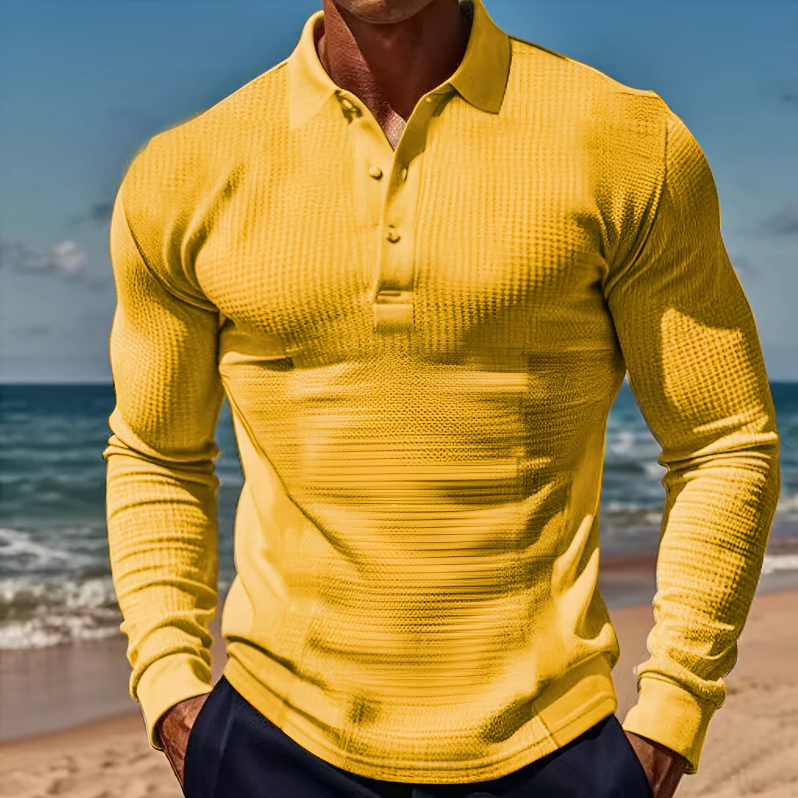 American men's waffle polo collar button long sleeve slim-fit T-shirt in solid colour white on model