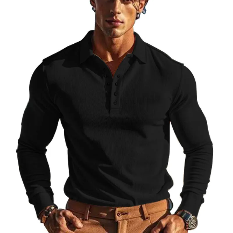 American men's waffle polo collar button long sleeve slim-fit T-shirt in solid colour white on model