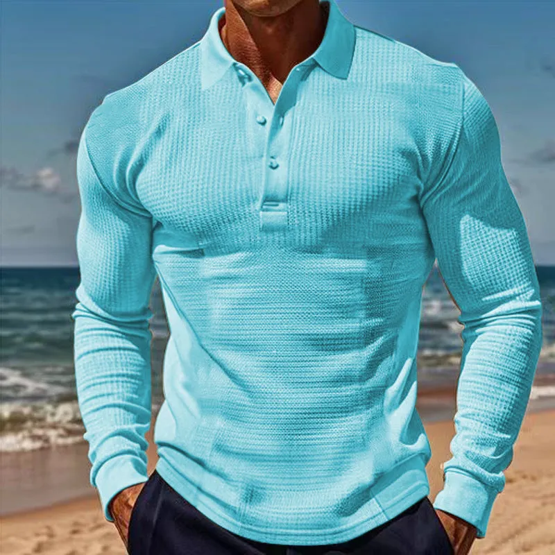 American men's waffle polo collar button long sleeve slim-fit T-shirt in solid colour white on model