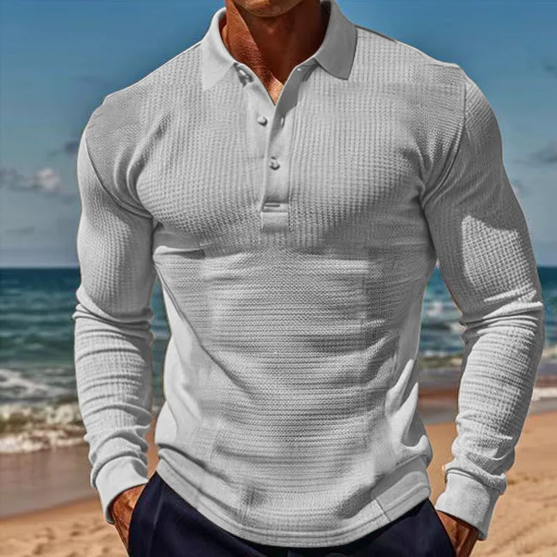 American men's waffle polo collar button long sleeve slim-fit T-shirt in solid colour white on model